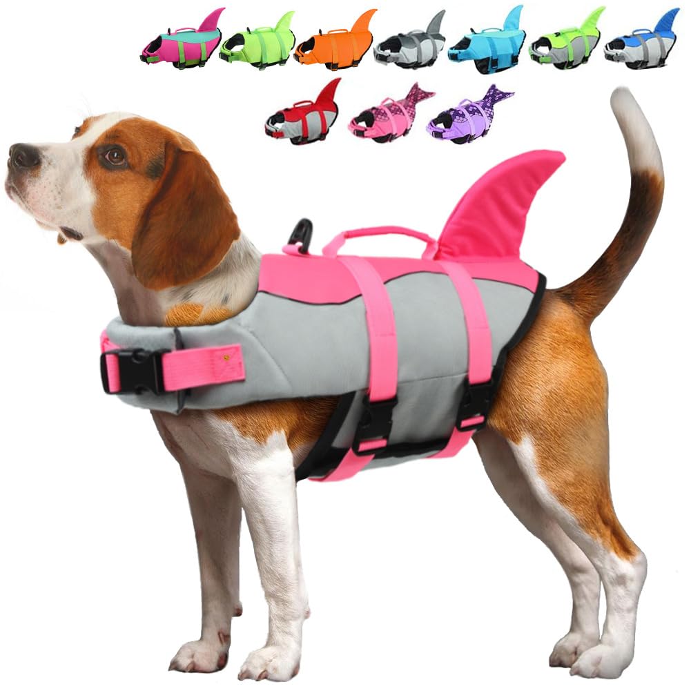 EMUST Shark Life Jackets for Dogs, Adjustable Ripstop Dog Life Vest for Water Safety Pet Life Vest with Rescue Handle Safety Vest for Swimming Pool Beach Boating, (L,Pink)