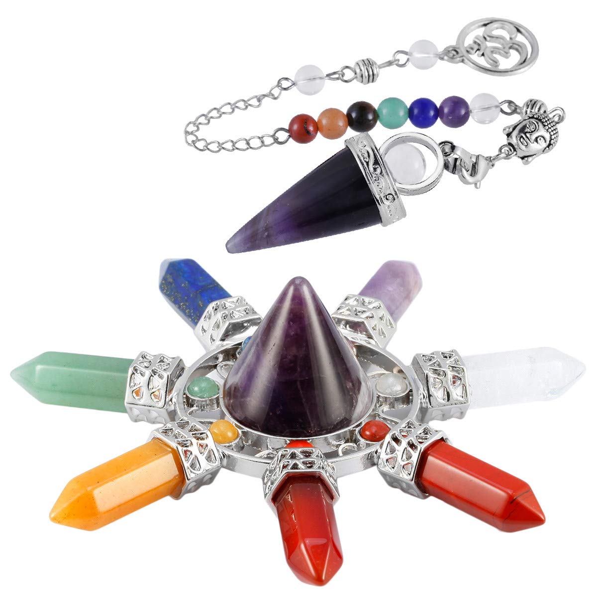 Nupuyai Amethyst Healing Crystal Kit, Energy Pyramid with 7 Chakra Stone Point Wand Dowsing Pendulum Collection Set Reiki Figurine Decor