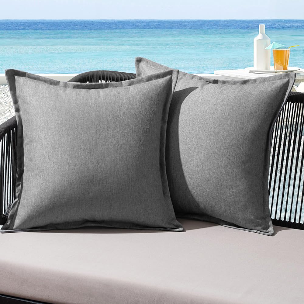 MIULEE Outdoor Cushions Waterproof Faux Linen Decorative Outside Cushion Covers Water Resistant for Garden Sofa Livingroom Chair Bedroom Tent Park Patio 45x45cm Set of 2 Light Grey