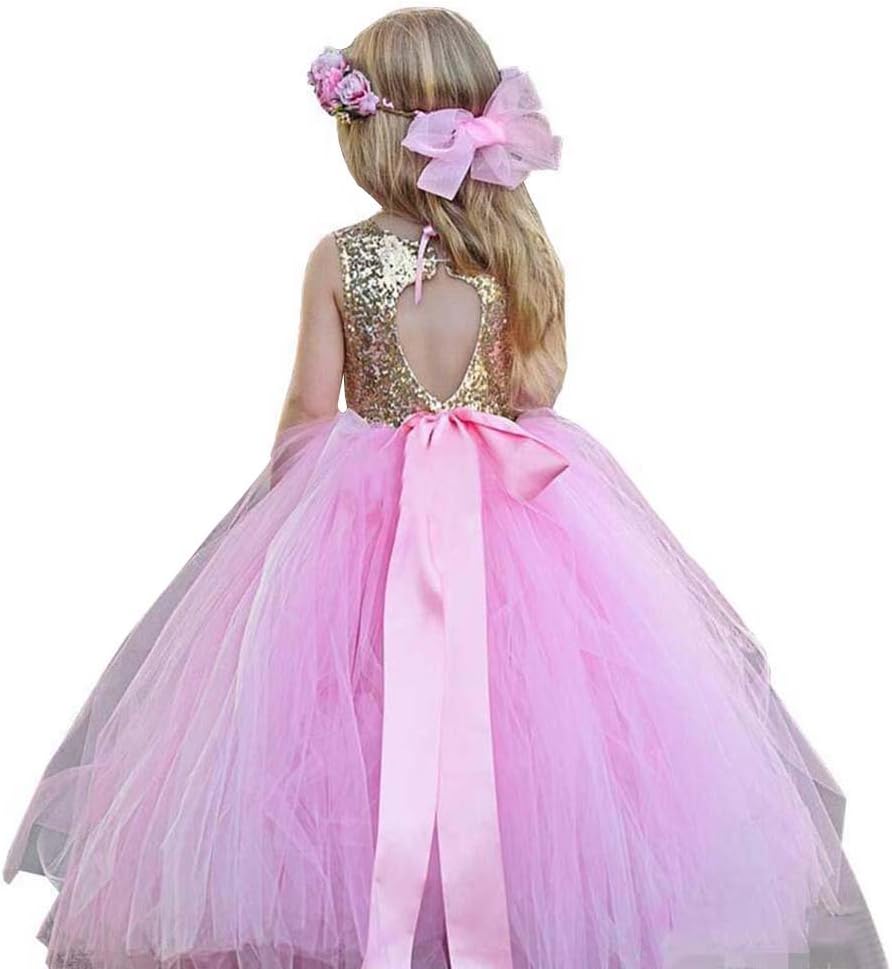 MuchXi Gold Sequins Pageant Dress Long Flower Girl Bridesmaid Dresses Bow Pink 6