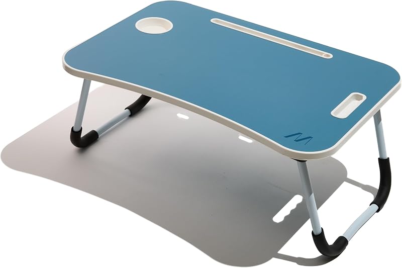 , Mesa para Smart Working, Escritorio Plegable de plástico y Metal, Plegable con portavasos y Soporte para Tablet, para Cama y sofá, 60 x 40 x 30 cm, Color Azul petróleo