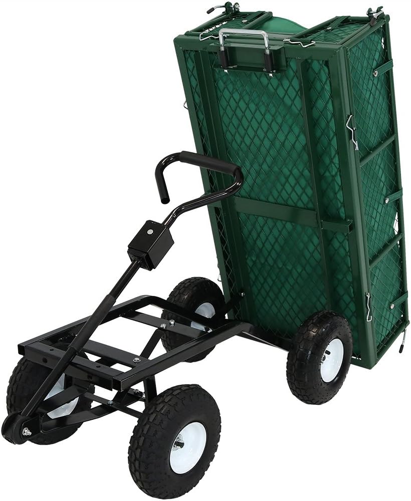 Sunnydaze Utility Steel Dump Garden Cart with Liner Set, Outdoor Lawn Wagon with Removable Sides, Heavy-Duty 660 Pound Capacity, Green
