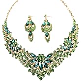 Zthread Women Jewelry Set Rhinestone Crystal Statement Necklace Bride Rib Choker Necklace Floral Beaded Collar Neklcace Cluster Dangle Earrings Set for Wedding Party