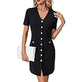 Rooscier Women's V Neck Button Down Short Sleeve Elegant Work Mini Dress
