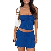 Goafuliy 2 Piece Skirt Outfits for Women Y2k Summer Bandeau Going Out Crop Tops and Low Wasit Mini Skorts Sets