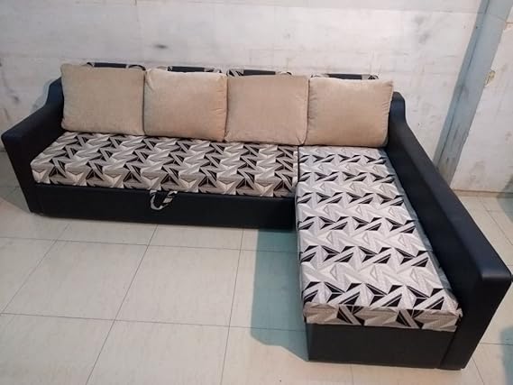 WROUGHT IRON FURNITURE Wood L Shaped 5 Seater Sofa Cum Bed with Storage