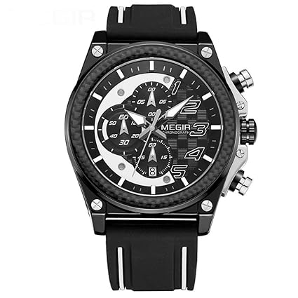 Bernsuisse MEGIR Japanese Quartz Silicon Strap Waterproof Real Chronograph Military Wristwatch for Men 2051 - Black White