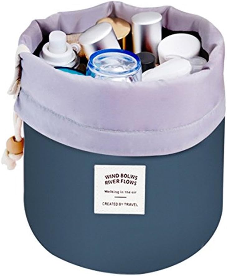 Women Travel Make Up Bag,Pouches Cosmetic Bags Girls Barrel Shaped Hanging Toiletry Wash Bags Nylon Drawstring Makeup Organizer Storage Bag + Small Zipper Pocket+PVC Transparent Brush Bag (Blue)
