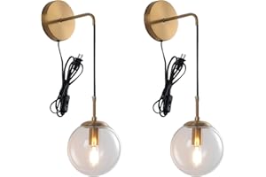 KUZZULL Wall Sconces Set of Two Plug in Wall Sconces Brushed Brass Gold Wall Lamp with Cord Wall Sconce Plug in with Globe Clear Glass Shade Plug in Wall Sconces Set of 2 Plug in Wall Light Sconce