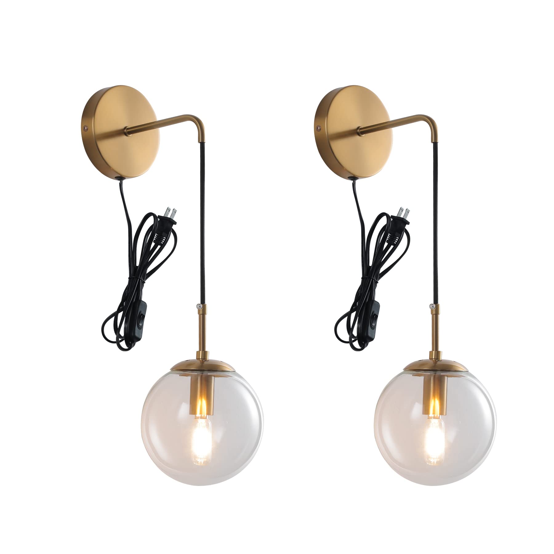 Photo 1 of KUZZULL Wall Sconces Set of Two Plug in Wall Sconces Brushed Brass Gold Wall Lamp with Cord Wall Sconce Plug in with Globe Clear Glass Shade Sconces Set of 2 Wall Light Sconce