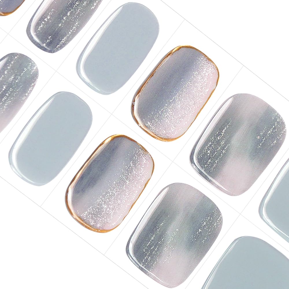 DANNI & TONI 28Pcs Semi Cured Gel Nail Strips,Blue Fine Glitter Gel Nail Stickers,Accent Nails Salon-Quality Polish Strips Manicure Stickers Set(Golden Horizon)