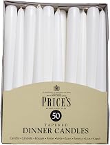 Price's White Tapered Dinner Candles 50 Pack, 7 Hour Burn Time, Unscented