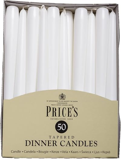 Price's White Tapered Dinner Candles 50 Pack, 7 Hour Burn Time, Unscented