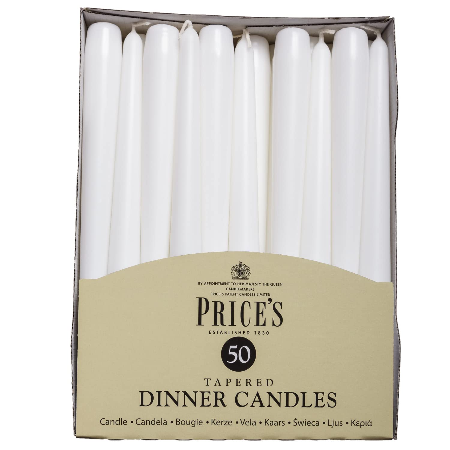 Price's Candles Tapered Dinner Candles White Unscented Wax Pack of 50 | 7 Hour Burn Time Elegant Long Candles for Home Decor, Events, Celebrations & Dining — image 1