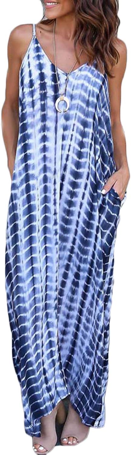 Women V Neck Spaghetti Strap Striped Pattern Pockets Beach Long Maxi Dress