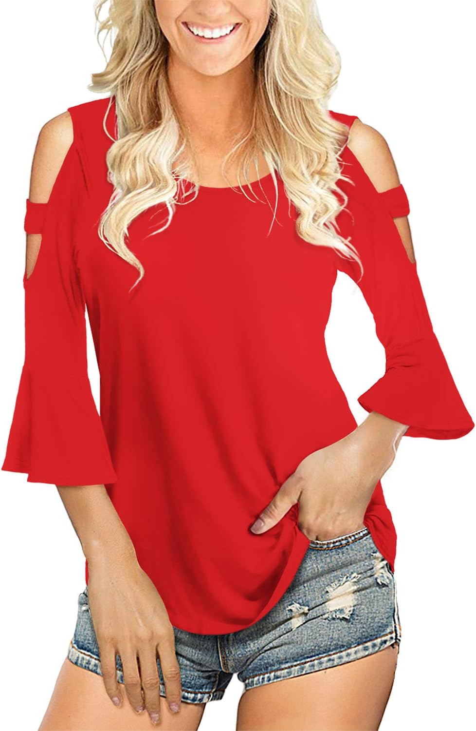 Florboom Womens Cold Shoulder Top Summer Basic T Shirts 3/4 Sleeve Casual Blouse Tshirts
