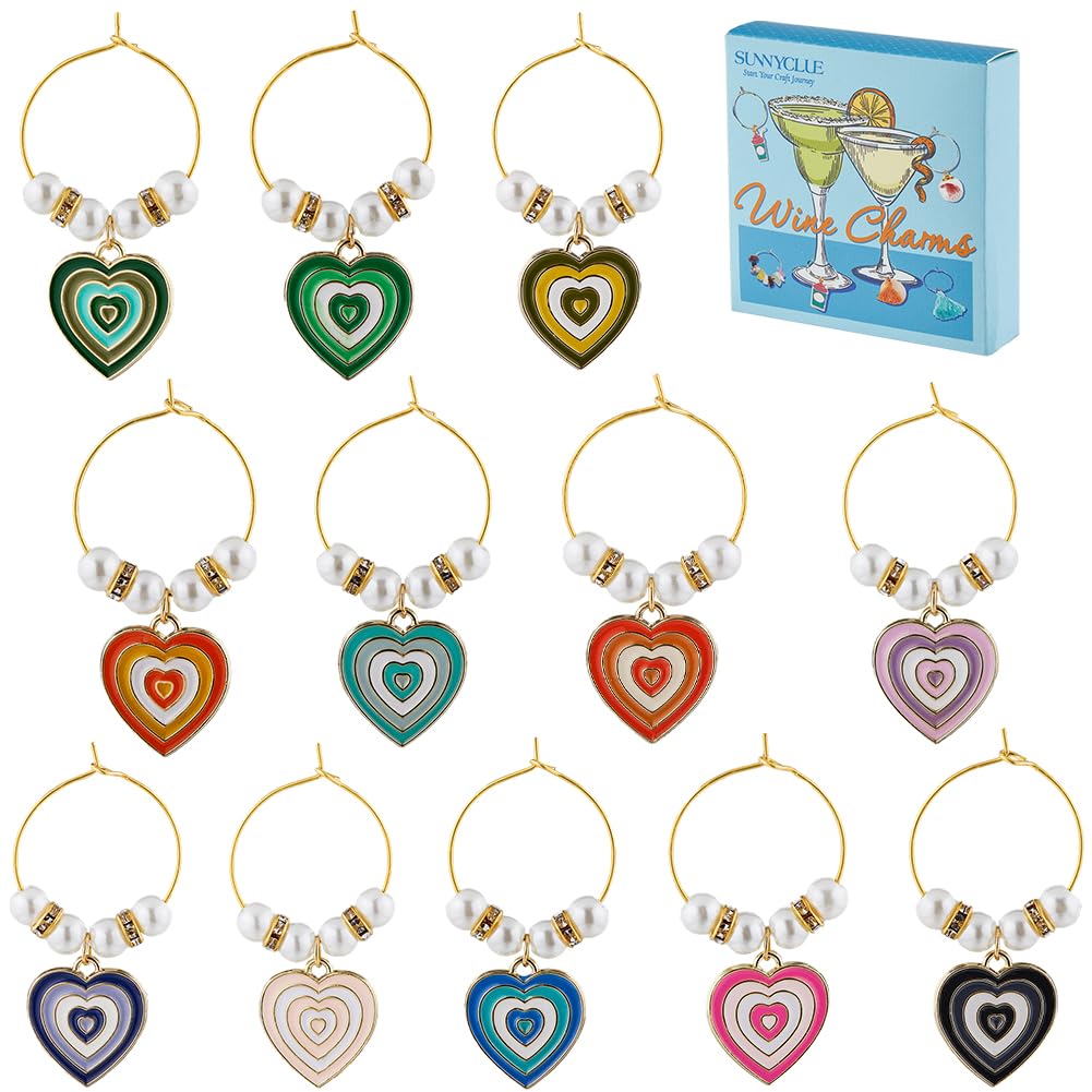SUNNYCLUE 1 Box 12Pcs Valentines Day Wine Glass Charm Wine Markers Charms Drink Charms Bulk Love Glass Identifiers Heart Drink Name Tags for Gathering Wedding Holiday Party Favor Drinks Decor Supplies