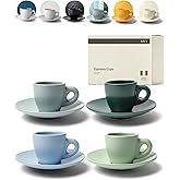 KIVY Espresso Cups Set of 4 [Set 4x 3oz]- Espresso Set Thick Walled Stoneware Espresso Cup Set - Italian Style Espresso Cups and Saucers - Coffee Mugs - Pastell Green, Blue