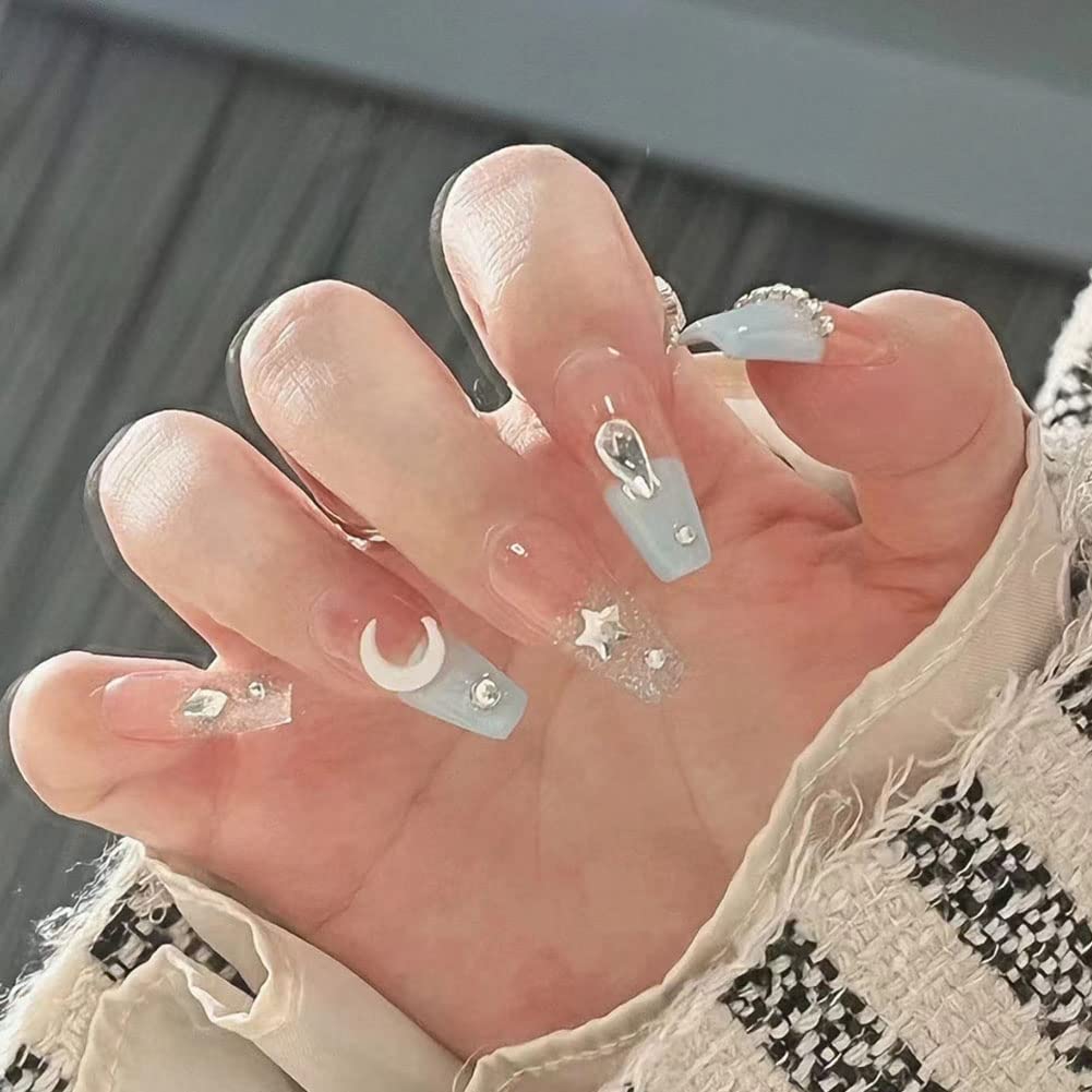 Carufin 24 PCS Chessboard Star Moon Nail Stickers Platinum Powder Stars Crystal Fake Nail Stickers Press on False Nails Daily Wear Artificial Nails (B)