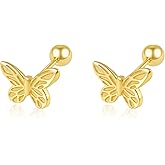 THOKUNA 18K Gold Plated Sterling Silver Screw Back Small Trendy Dainty Cute Butterfly Stud Earrings for Women with Jewelry Rose Box