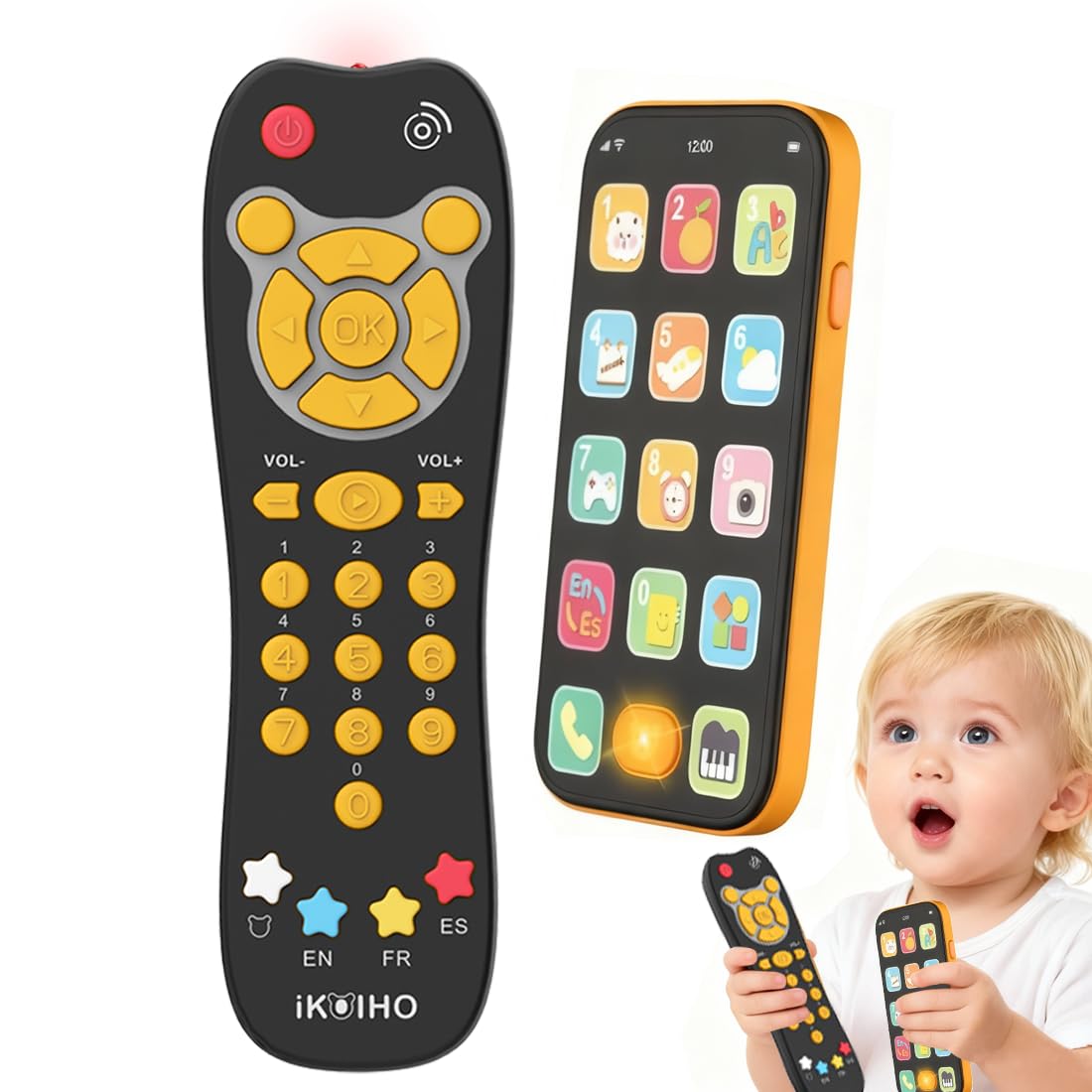 Baby Phone TV Remote Toy Set, Bilingual Play Phones Toy Remote for Baby with Music Light for 6+ Months, Early Learning Baby Toys Gift for 1 Year Old Boys Girls Toddler Infant, English/Spanish, Orange