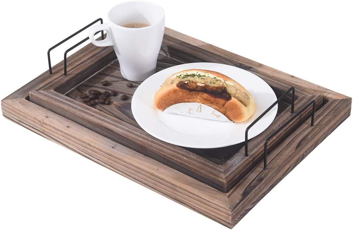  | RHF Serving Trays, Vintage Serving Tray, Rustic Wood Trays, Rectangular Tray Set, Nesting Serving Tray, Butler Lap Trays with Metal Handles, Rustic Ottoman Tray, Brown, Set of 2: Serving Trays