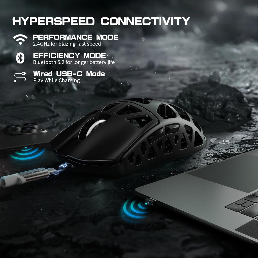 ATTACK SHARK R3 46g Superlight Magnesium Alloy Wireless Gaming Mouse, BT/2.4Ghz/Wired Computer Mouse, 8000Hz Wireless Polling Rate, PAW3395 26K DPI Optical Sensor Programmable Mice for Win/Mac(Black)