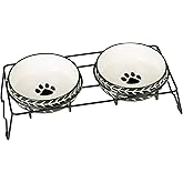 Signature Housewares Ceramic Pet Bowl Set - Food Water Bowls for Cats, Small Dogs and Puppies with Sturdy Metal Stand - Set of 2 5in. Bowls, 12 oz Each
