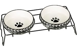 Signature Housewares Ceramic Pet Bowl Set - Food Water Bowls for Cats, Small Dogs and Puppies with Sturdy Metal Stand - Set of 2 5in. Bowls, 12 oz Each