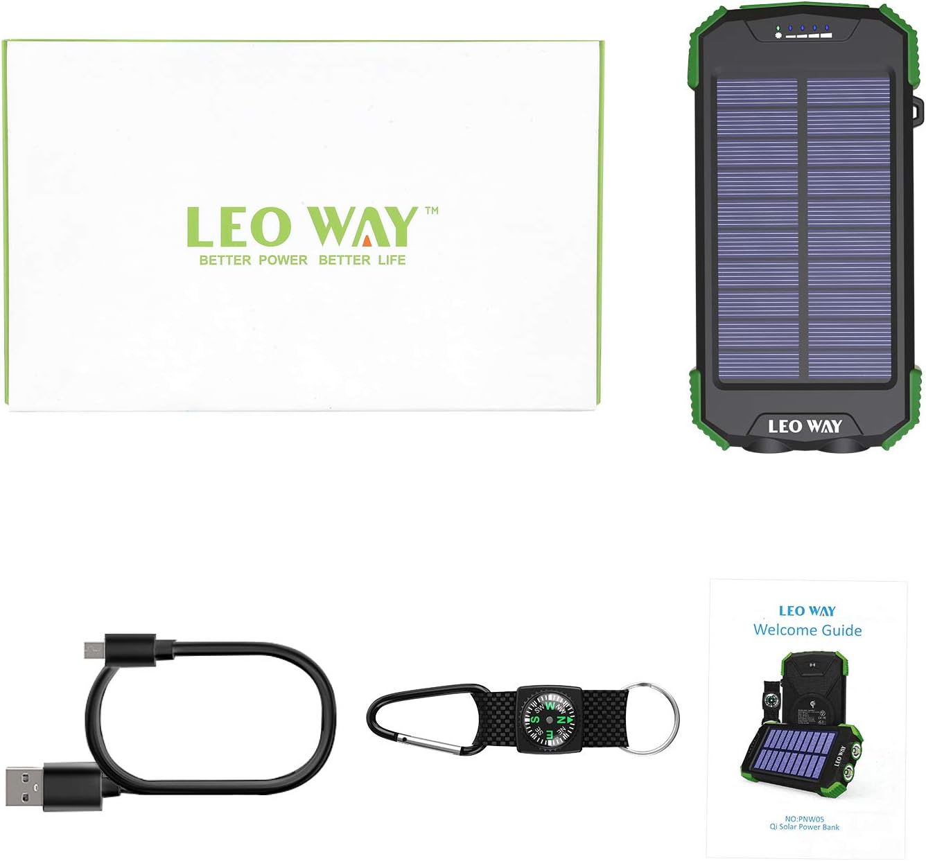 Solar Charger, 10000mAh Solar Power Bank, Qi Wireless Charger, Portable Charger for iPhone, External Battery Pack, Dual Flashlight, Compass, Solar Panel Charging for Outdoor Camping by LEO WAY, Green: Garden & Outdoor