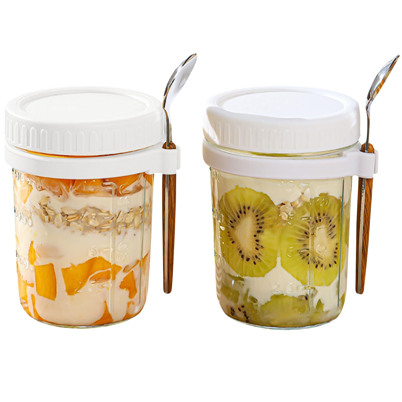 Jogoico Overnight Oats Jars 2pcs Overnight Oats Containers with Lid & Spoon, 12 oz Large Capacity Airtight Jars with Measurement Mark, Glass Mason Jars for Oatmeal Cereal Milk Fruit - White