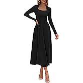 Lazysmile Long Sleeve Fall Dresses for Women Square Neck A Line Flowy Casual Elegant Wedding Guest Party Maxi Dress