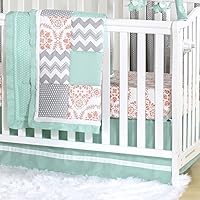 Mint, Coral and Grey Patchwork 3 Piece Baby Crib Bedding Set by The Peanut Shell