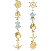 Asymmetric Conch Anchor & Rudder Stud Earrings for Women, 14K Gold Plated Conch Nautical Rudder Sailboat Pearl Charm Long Dangle Drop Earrings Hawaii Summer Beach Party Holiday Nautical Jewelry Gifts