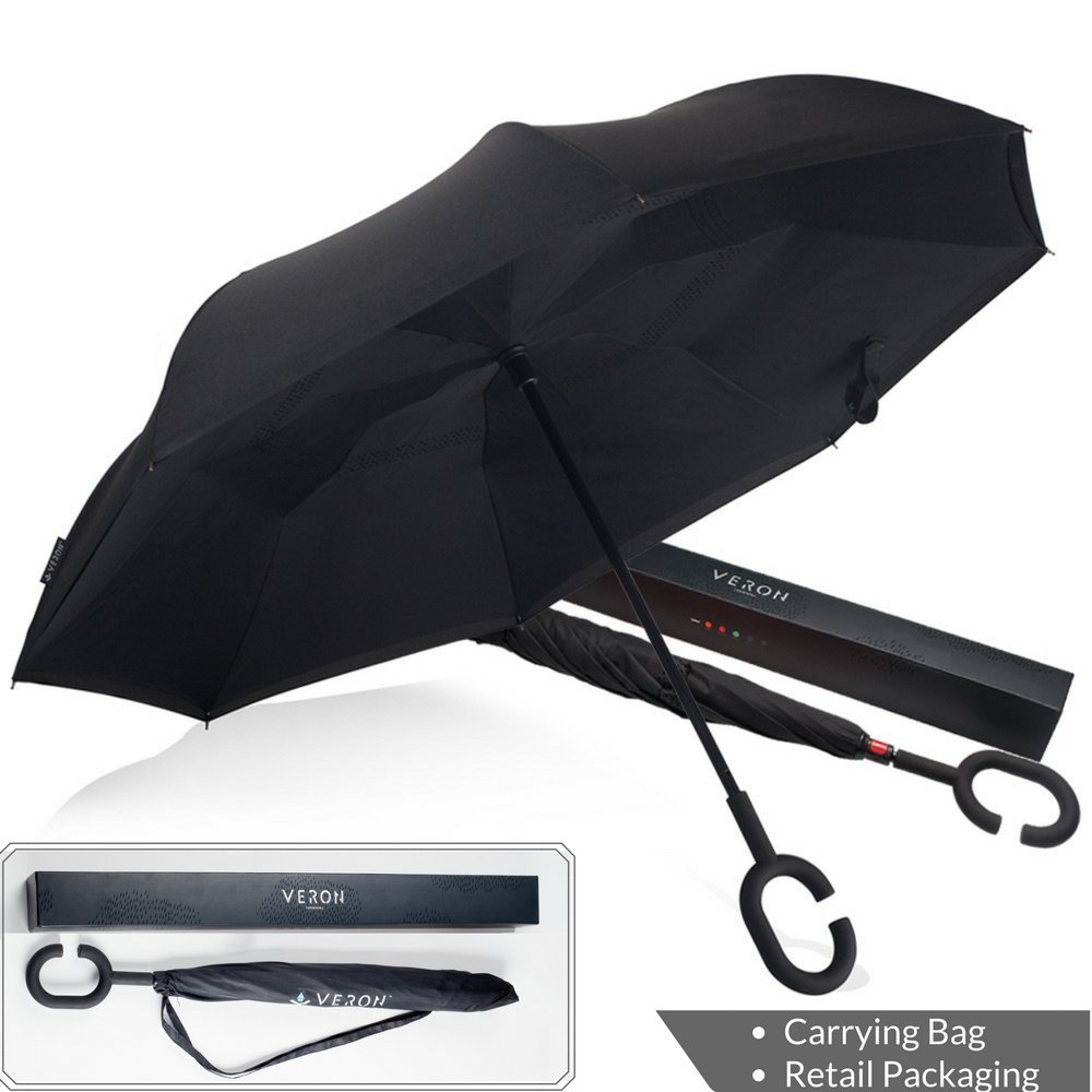 Veron Umbrella | Inverted Umbrella | Reverse Folding Umbrella | Double Layered Canopy | Wind Proof | UV Protection | Car Friendly (Jet Black)