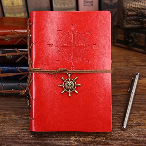 PU Leather Notebook Blank Travel Journal Refillable Writing Diary Notepad Planner Vintage Unlined Pages Binder Notes Book - A6 Size Thick Paper No Bleed Through 80 Sheets 7 x 5 Inches (Red)