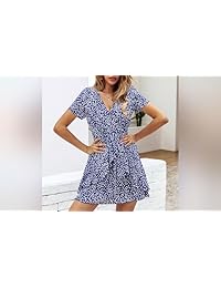 ECOWISH Vestido corto de manga corta para mujer, cuello en V, diseño de lunares, con cinturón