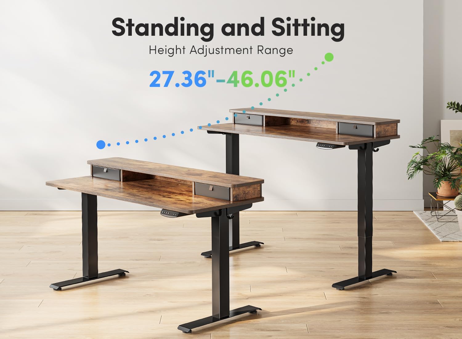 FEZIBO 40 x 24 Inch Height Adjustable Electric Standing Desk with Double Drawer, Stand Up Desk with Storage Shelf, Sit Stand Desk, Rustic Brown