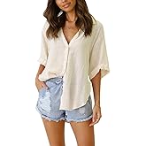 Womens Button Down Linen Shirts V Neck Roll Up Cuffed Sleeve Blouses Loose Collared Shirt Casual Formal Work Office Tops