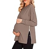 Women's Maternity Shirts Long Sleeve Sweatshirt Zipper Split Side Pregnancy Casual Tunic Top