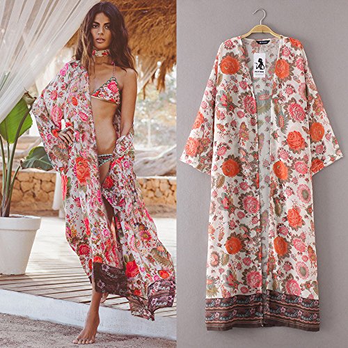 HTDBKDBK Women's Boho Print Floral Loose Shawl Kimono Cardigan Top Cover Up Blouse Wear with Bikini Swimwear White