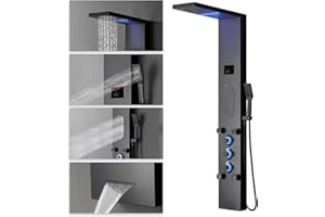 BATHLAVISH Black Shower Panel Tower Stainless Steel Bathroom Shower Wall Panels System with LED Rainfall Shower Head Handheld Massage Body Jets Wall Mount Waterfall BathTub