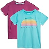 Mightly Girls' Crewneck Short Sleeve T Shirts | 100% Organic Cotton, Colorful Casual Clothes, Soft & Basic Crewneck Tee, Set for Toddlers and Kids, Fair Trade Certified Pack of 2, Rainbow Love, 3T