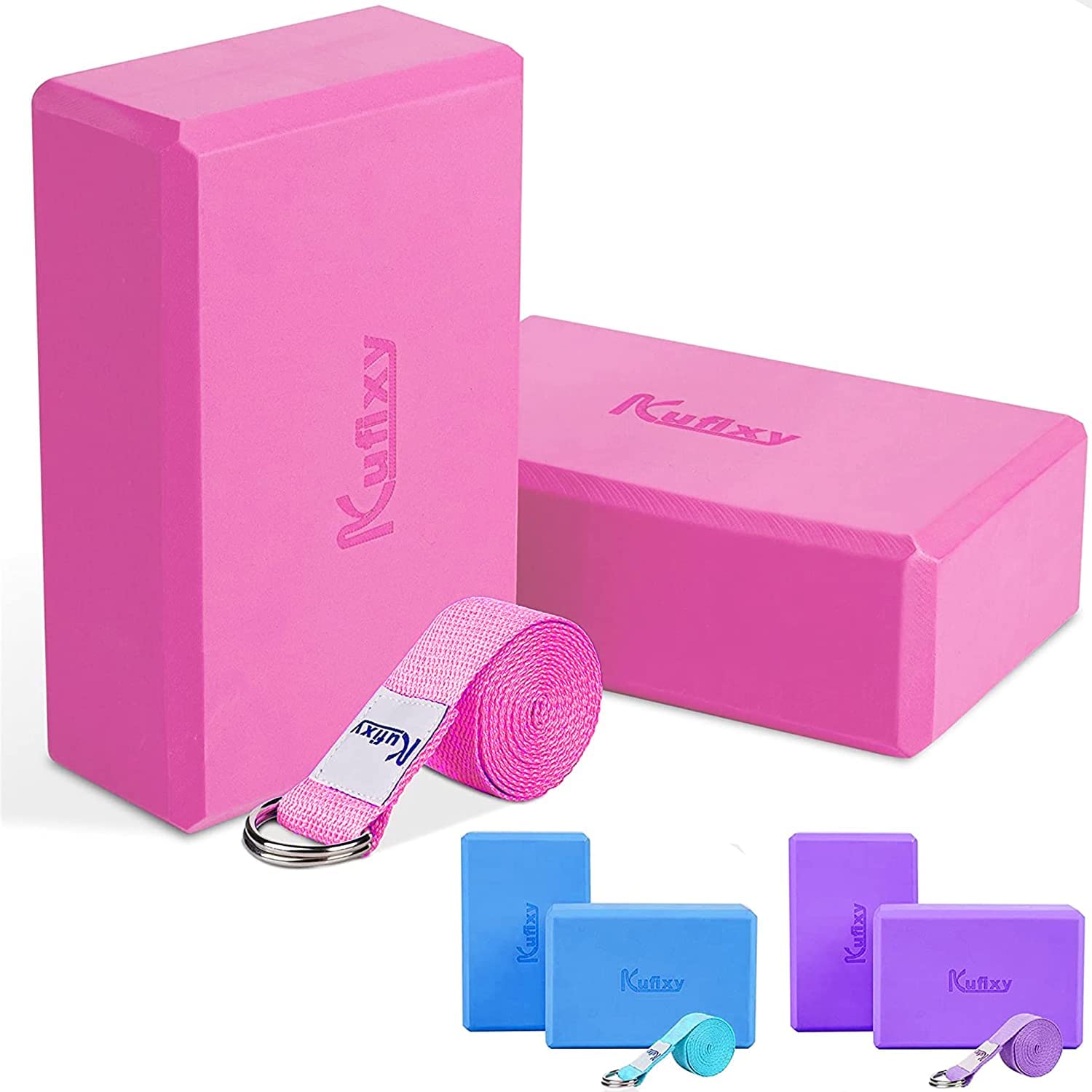Kufixy Yoga Blocks Set of 2 with Strap EVA Foam Soft and Sturdy Non Slip Lightweight Yoga Brick for Balance Stretching Pilates Meditation and Deep Flexible Poses - 23 x 15 x 7.8 cm