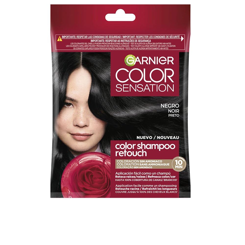 Garnier Color Shampoo Retouch Permanent Colouring Black - 100% coverage of white hair - lasts up to 4 weeks