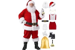 Ruimeier 11pcs Santa Claus Costume for Men Women Adults Deluxe Santa Costumes Suit Outfit Christmas with Bell
