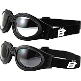2 Pairs of Birdz Eyewear Parrot Black Folding Padded Motorcycle Goggles Clear & Smoke Lenses for Men & Women