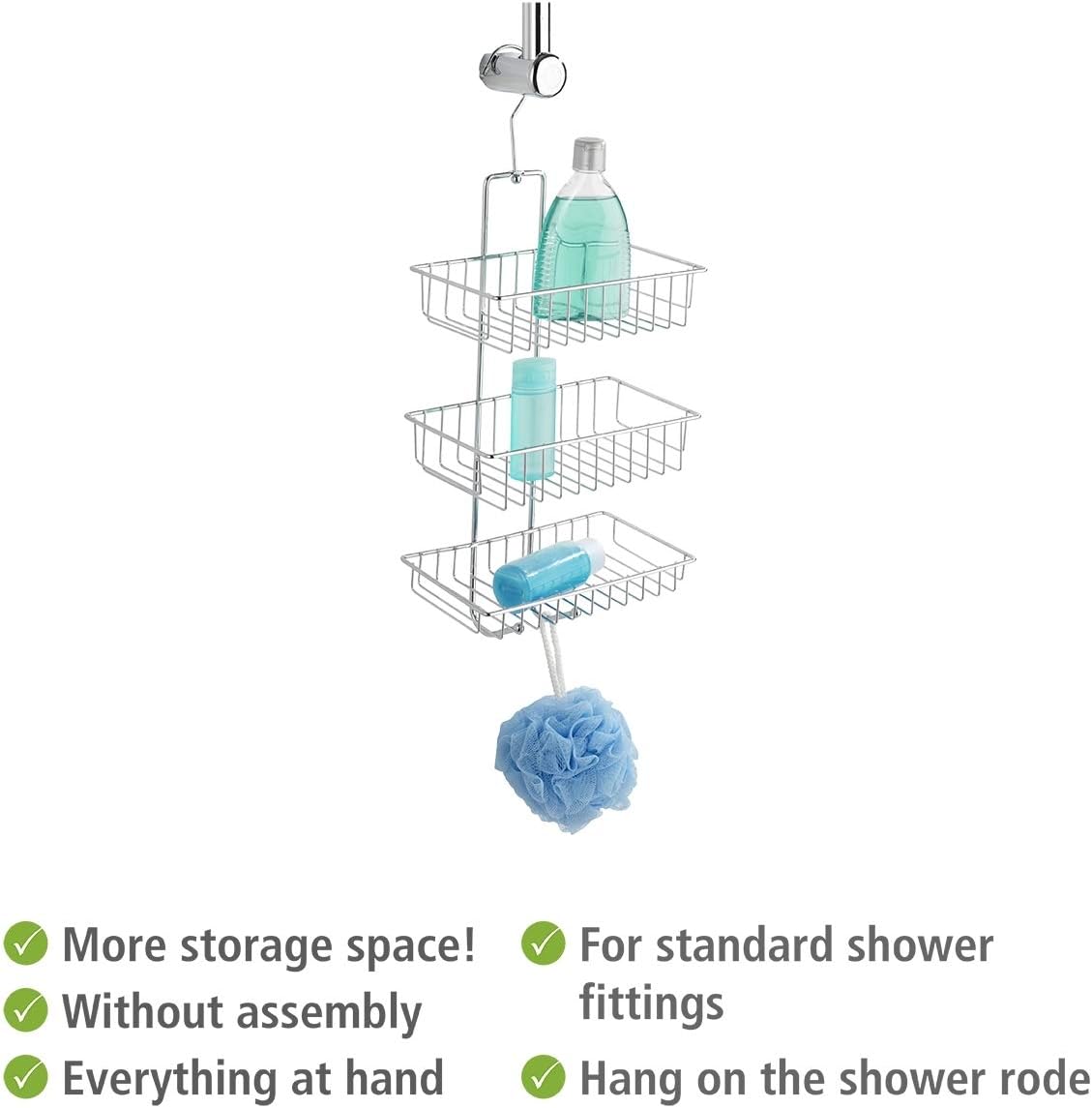 Wenko 15888100 Exclusive shower caddy Nivala shower rack with 3 shelves, 2 hooks, Metal Steel, 22 x 50 x 13.5 cm, Chrome - Image 5