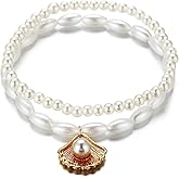Erimberate Bohemian Layered Pearl Anklet Gold Scallop Dangle Ankle Bracelet Oval Pearl Chain Anklet Adjustable Cowrie Anklets Summer Beach Foot Chain Jewelry for Women