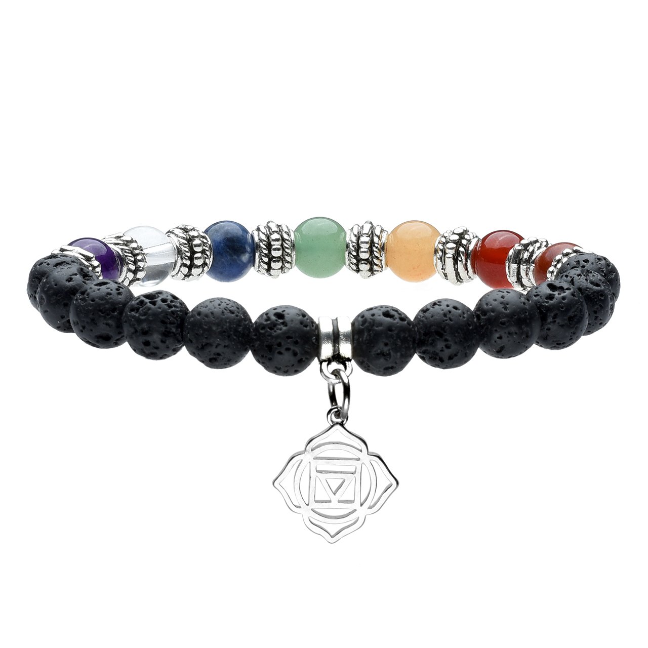 Jovivi 8mm-7 Chakra Pierres Naturelles Laves Perles d\'Energie Bracelet Extensible Elastique Tibétain Bouddhiste avec Pendentif - Set